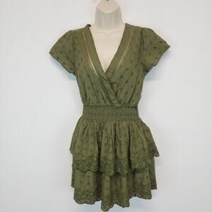 American Eagle Smocked Tiered Garden Dress Size S Green Eyelet Faux Wrap Fairy